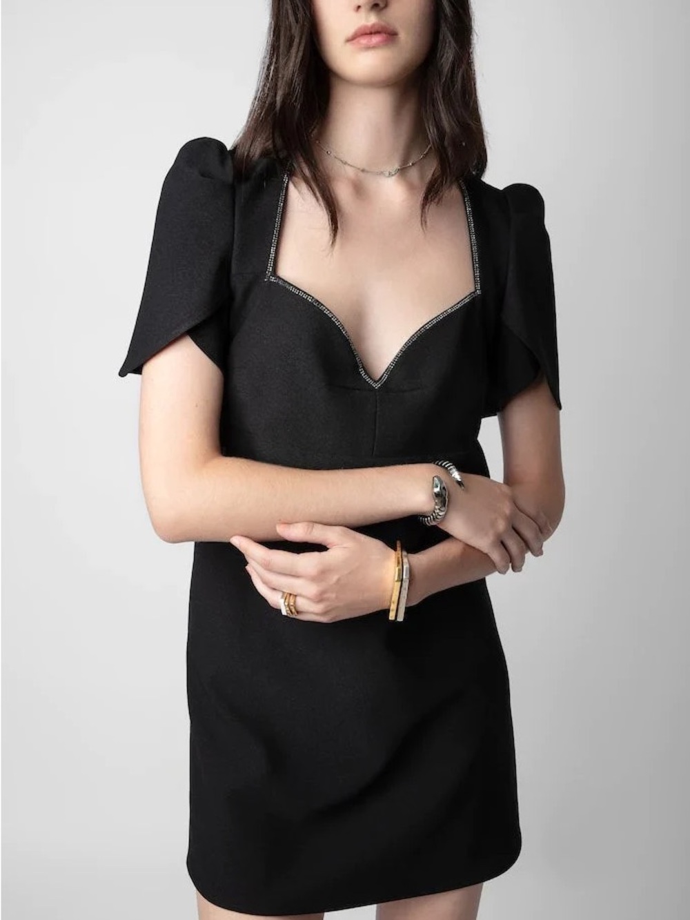 NWT Zadig & Voltaire Black Sweetheart Mini Dress with Puff Sleeves